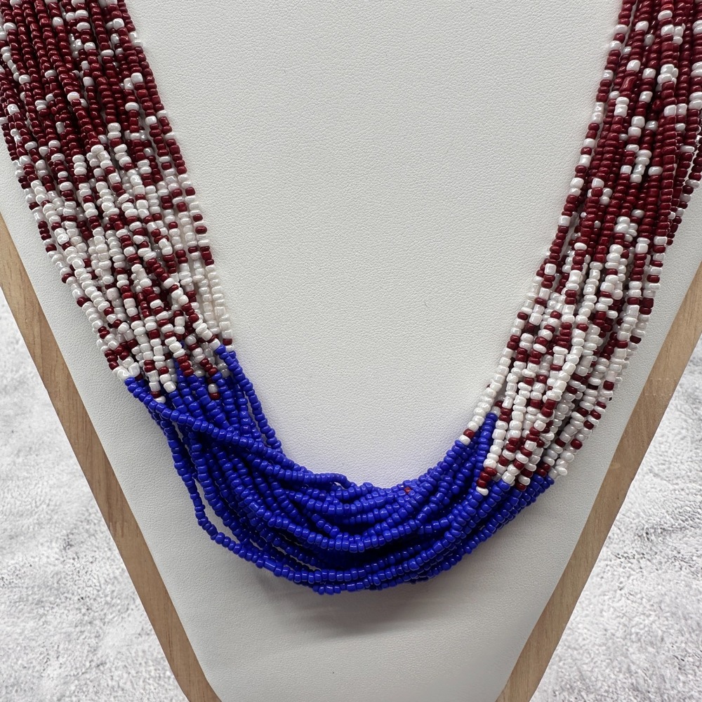 Red White Blue Multi Strand Seed Bead Necklace Boho Statement Patriotic Jewelry